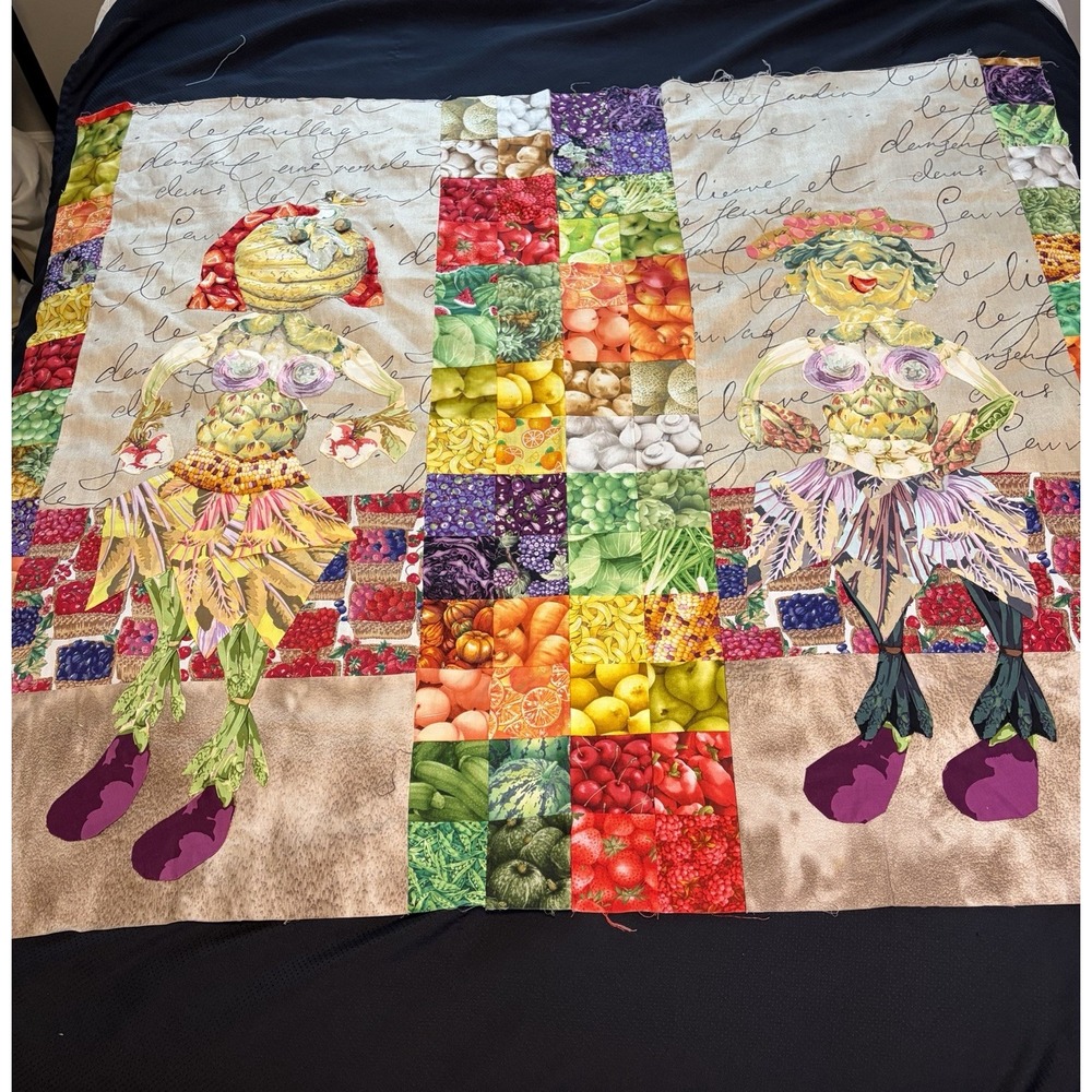 Unique Patchwork Quilt Top 50"x42" Appliqué Vegetable Women Artsy Whimsical